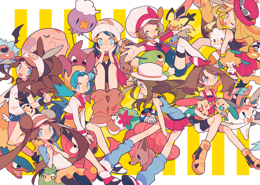 6+girls archeops auko barrette baseball_cap beanie blue_(pokemon) blue_eyes blue_hair boots brown_eyes brown_hair buneary clenched_hands commentary creatures_(company) crystal_(pokemon) dedenne double_bun drifloon game_freak gen_1_pokemon gen_2_pokemon gen_3_pokemon gen_4_pokemon gen_5_pokemon gen_6_pokemon gligar gourgeist hands_on_own_cheeks hands_on_own_face haruka_(pokemon) hat hikari_(pokemon) jirachi kotone_(pokemon) long_hair mei_(pokemon) minun multiple_girls munna nintendo octillery one_eye_closed open_mouth outstretched_arms overalls pichu pink_footwear pink_scarf plusle pokemon pokemon_(creature) pokemon_(game) pokemon_on_head politoed poliwag red_skirt scarf serena_(pokemon) shaymin shorts sitting skirt smile spread_arms striped striped_background swablu swadloon swirlix sylveon symbol_commentary thighhighs touko_(pokemon) twintails tympole vertical-striped_background vertical_stripes vulpix white_hat woobat wooper