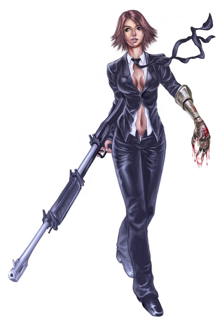 blood blue_eyes breasts brown_hair cleavage cosplay downscaled final_fantasy final_fantasy_vii final_fantasy_x final_fantasy_x-2 formal green_eyes gun heterochromia long_sleeves md5_mismatch medium_breasts minh_do necktie open_fly pant_suit resized smile solo suit turks turks_(costume) unzipped weapon yuna_(ff10)