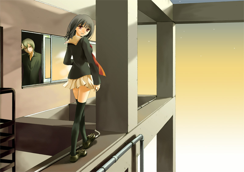 1girl legs long_sleeves original oujima_tamaki pipes school_uniform skirt smile thighhighs