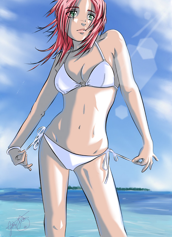 2006 artist_request bikini blue_background cloud copyright_request day eyes_visible_through_hair green_eyes lens_flare outdoors pink_hair short_hair side-tie_bikini sky solo swimsuit water white_bikini