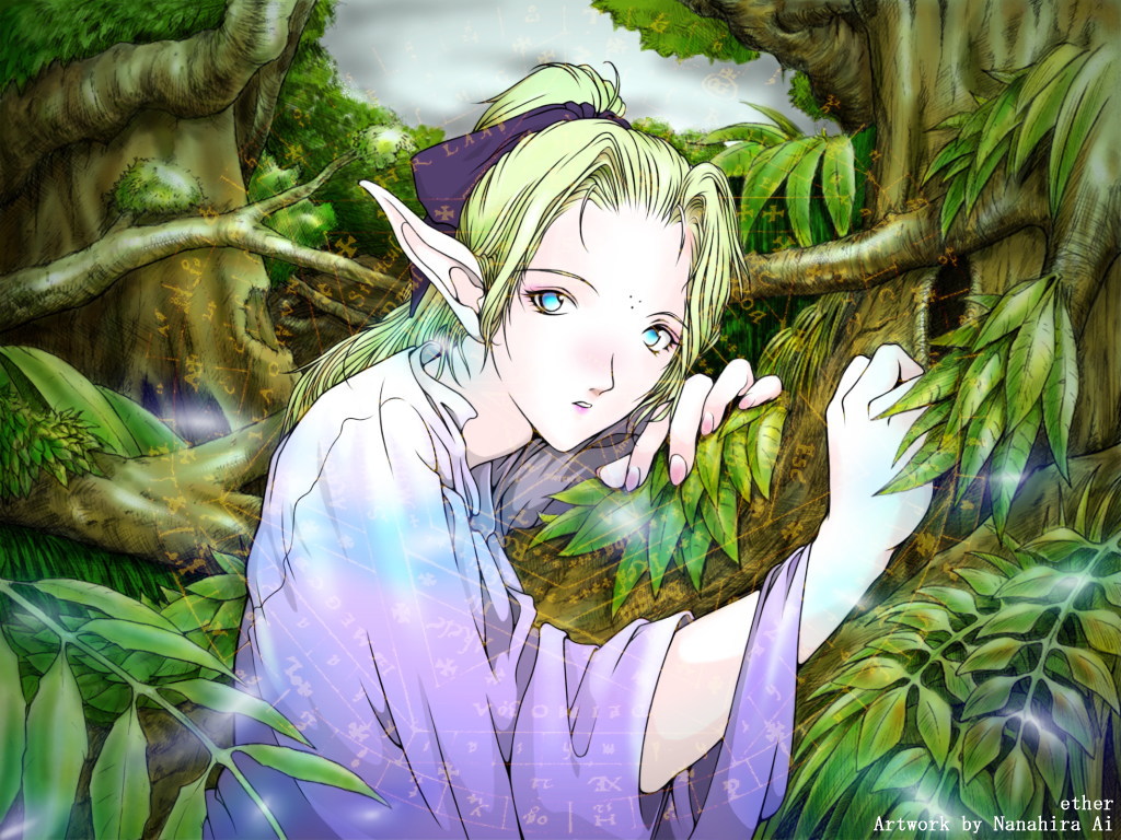 blonde_hair elf fay-mecta_ethona forest long_sleeves looking_at_viewer nanahira_ai nature outdoors plant pointy_ears ponytail short_hair solo tree upper_body wide_sleeves