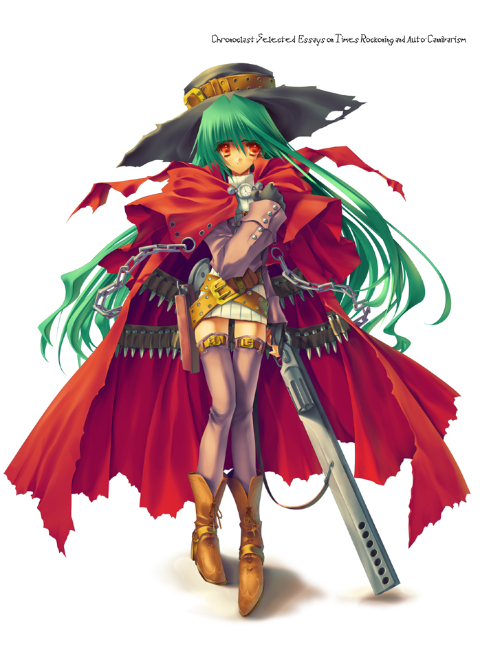 aoi_yuuji belt boots bullet cape copyright_request gloves green_hair gun hat holster long_hair long_sleeves red_eyes solo thighhighs weapon