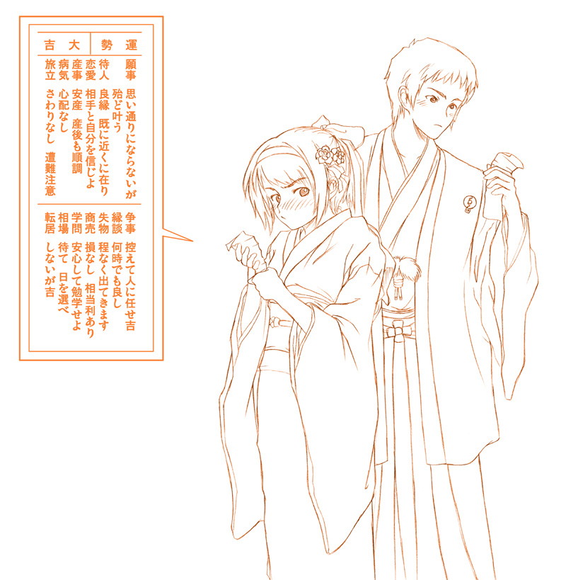 1girl japanese_clothes kimono kyon long_sleeves monochrome new_year orange_(color) osuzu_akiomi suzumiya_haruhi suzumiya_haruhi_no_yuuutsu translation_request