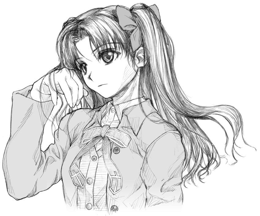 bow bowtie buttons closed_mouth face fate/stay_night fate_(series) greyscale hair_bow hair_flip hands long_sleeves monochrome sketch solo toosaka_rin upper_body yamaguchi_homupe