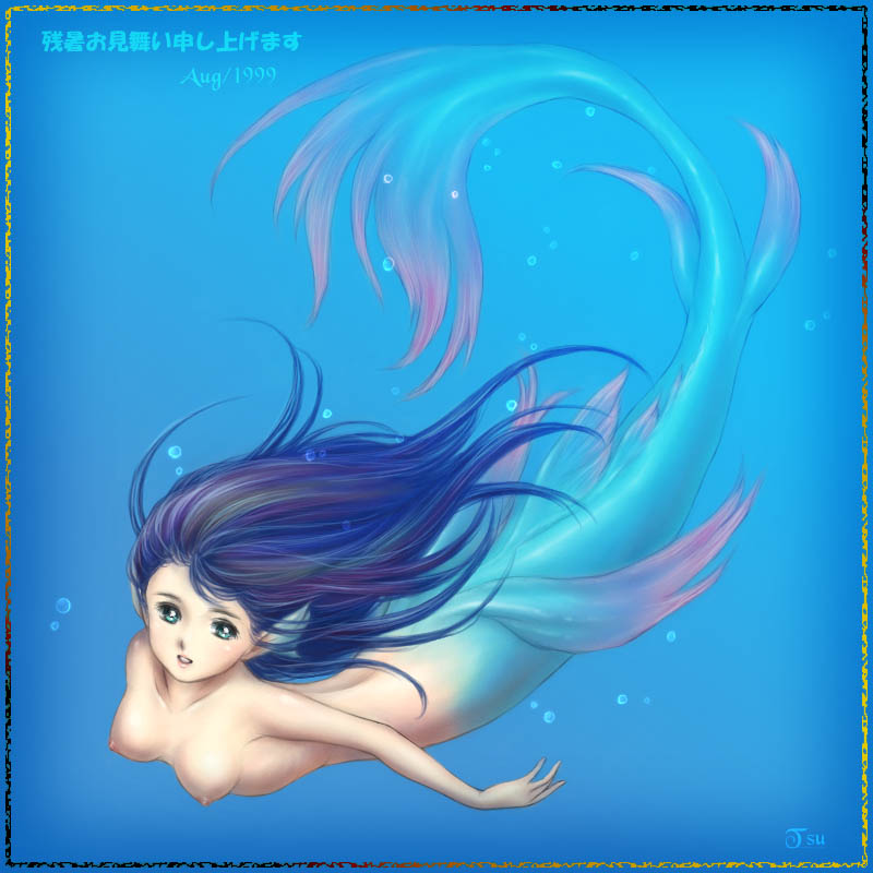 1girl aqua_eyes artist_name artist_request blue blue_background blue_hair border breasts bubble copyright_request from_above head_fins jpeg_artifacts long_hair looking_at_viewer medium_breasts mermaid monster_girl nipples nude solo swimming translation_request underwater