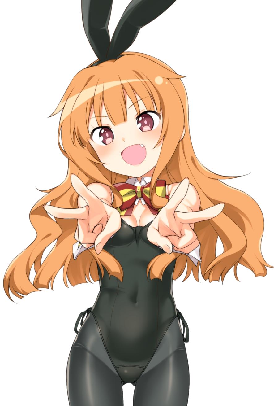1girl :d amatsuka_mao animal_ears black_legwear black_leotard blush bow bowtie breasts brown_hair bunny_ears bunnysuit covered_navel detached_collar double_v eyebrows_visible_through_hair fake_animal_ears fang gj-bu hatakenaka_(kamagabuchi) head_tilt highres leotard long_hair looking_at_viewer open_mouth outstretched_arms pantyhose pink_eyes pink_hair small_breasts smile solo striped striped_neckwear v v-shaped_eyebrows white_background wrist_cuffs
