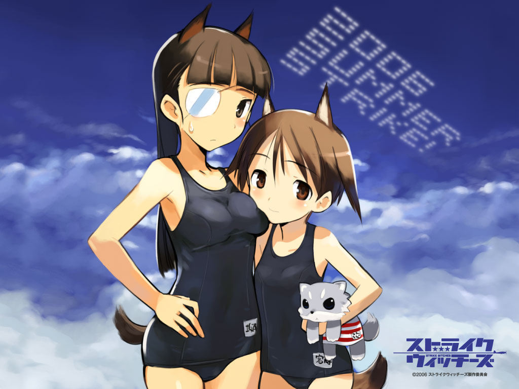 animal_ears blush breasts brown_eyes brown_hair cloud day eyepatch flat_chest long_hair medium_breasts miyafuji_yoshika multiple_girls one-piece_swimsuit print_eyepatch sakamoto_mio school_swimsuit shimada_fumikane short_hair strike_witches sweatdrop swimsuit tail wallpaper white_eyepatch world_witches_series