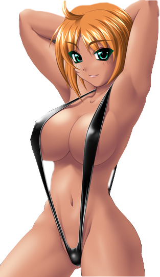 ahoge armpits arms_behind_head arms_up breasts copyright_request dark_skin green_eyes huge_breasts navel slingshot_swimsuit smile solo swimsuit transparent_background yn_red