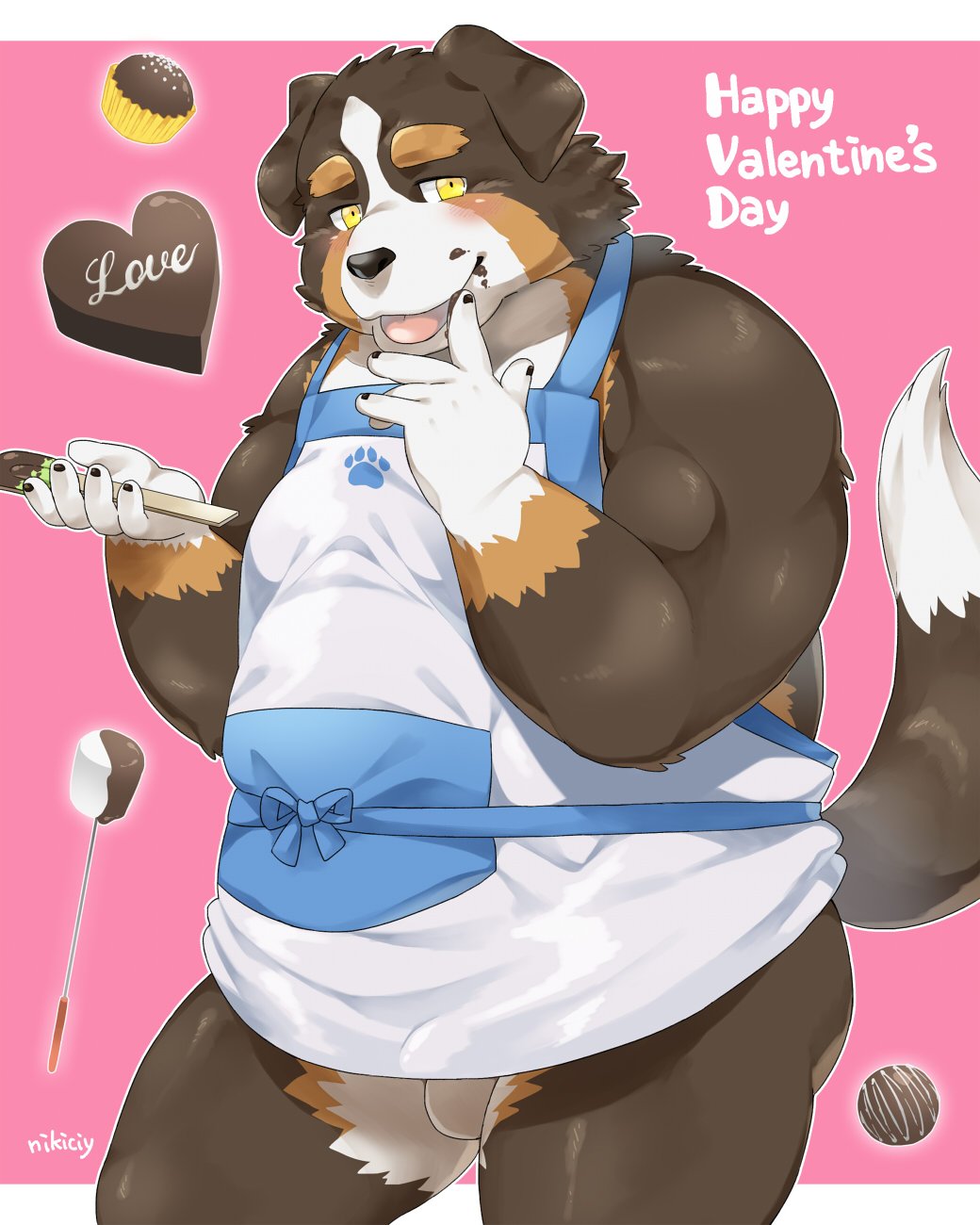 2019 anthro apron balls candy canid canine canis chocolate clothing domestic_dog english_text food holidays humanoid_hands male mammal nikiciy overweight overweight_male pink_background simple_background solo text valentine's_day yellow_eyes