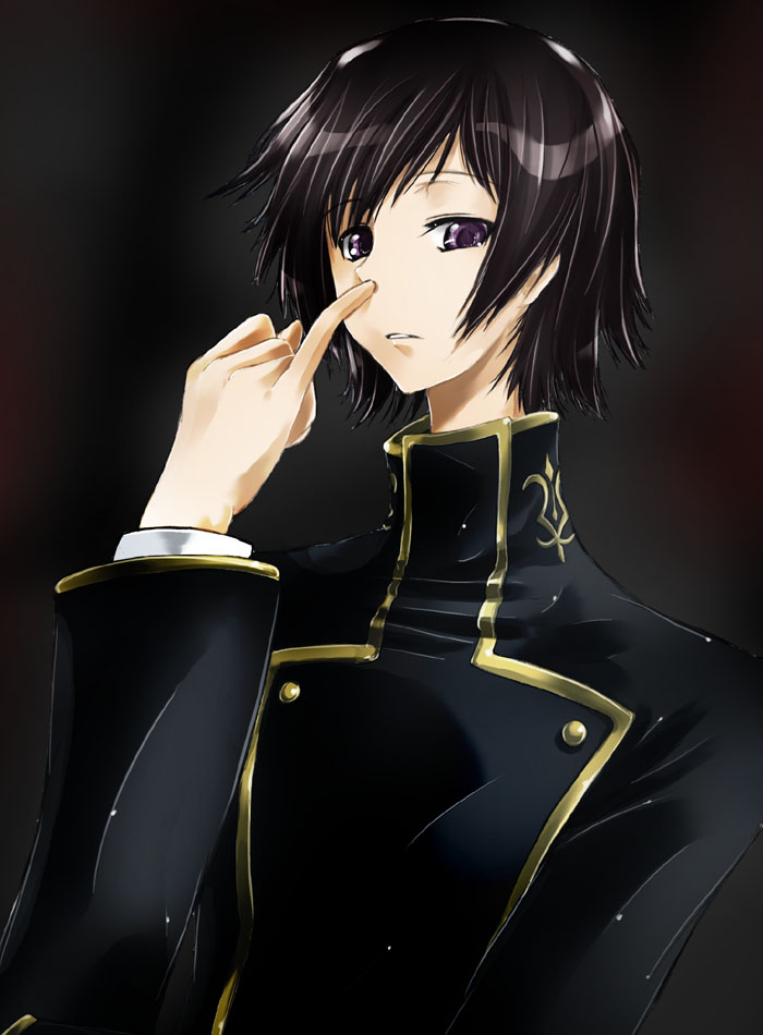 abubu bangs black_background black_hair closed_mouth code_geass emblem expressionless lelouch_lamperouge long_sleeves looking_at_viewer male_focus nose_picking purple_eyes shiny shiny_hair simple_background solo swept_bangs uniform upper_body