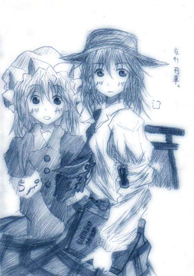 artist_request blue hat maribel_hearn monochrome multiple_girls sketch torii touhou usami_renko