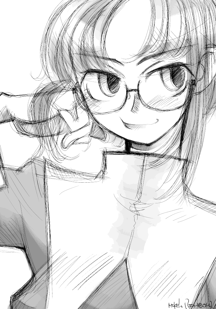 blush ciel eyebrows eyebrows_visible_through_hair glasses greyscale looking_at_viewer mike156 monochrome portrait rimless_eyewear short_hair simple_background sketch solo tsukihime white_background