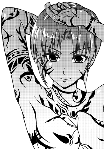 armpits artist_request bazett_fraga_mcremitz breasts facepaint fate/hollow_ataraxia fate/stay_night fate_(series) greyscale lowres medium_breasts monochrome nude short_hair smile solo tattoo