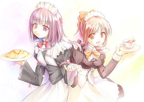 :d bow bowtie brown_eyes brown_hair food frills looking_at_viewer lowres maid maid_headdress multiple_girls open_mouth parfait_re-order pink_eyes pink_hair plate short_hair smile takoyaki_(roast) upper_body yellow_bow yellow_neckwear