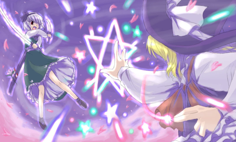 artist_request attack battle blonde_hair crossed_arms dual_wielding duel flying from_behind hat holding kirisame_marisa konpaku_youmu looking_away magic multiple_girls one_eye_closed open_mouth outstretched_arm petals sword touhou weapon witch_hat