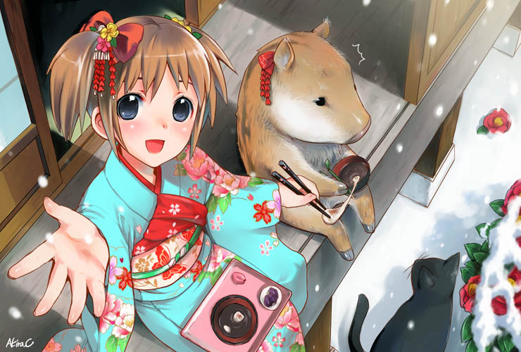 1girl :d black_cat black_eyes boar bowl brown_hair camellia cat chopsticks copyright_request flower food from_above hair_ornament japanese_clothes kasukabe_akira kimono looking_up mochi new_year obi open_mouth outstretched_hand perspective sash short_twintails signature sitting smile snow snowing solo tray twintails veranda wagashi