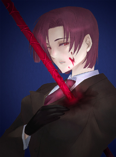 artist_request bazett_fraga_mcremitz blood blood_on_face death fate/hollow_ataraxia fate/stay_night fate_(series) formal gae_bolg gloves polearm red_eyes red_hair solo spear suit weapon