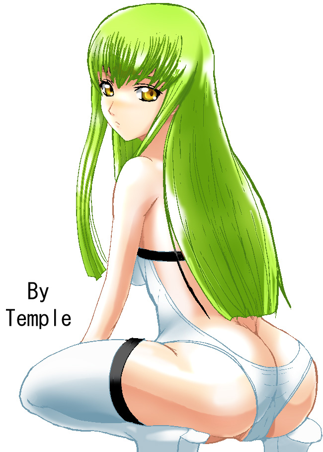 :&lt; ass back bangs bare_shoulders boots butt_crack c.c. cameltoe code_geass from_behind green_hair high_heels leotard long_hair looking_at_viewer looking_back partially_visible_vulva resizing_artifacts shoes simple_background solo spread_legs squatting temple_(artist) thigh_boots thighhighs tiptoes white_background white_legwear yellow_eyes