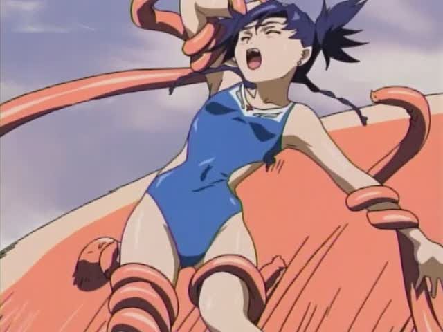arm_grab arm_up bare_arms bare_shoulders blue_swimsuit braid breasts casual_one-piece_swimsuit closed_eyes collarbone covered_navel garderobe_swimsuit long_hair monster my-otome nina_wang one-piece_swimsuit open_mouth restrained screencap small_breasts solo swimsuit tentacles thigh_grab thighs twin_braids