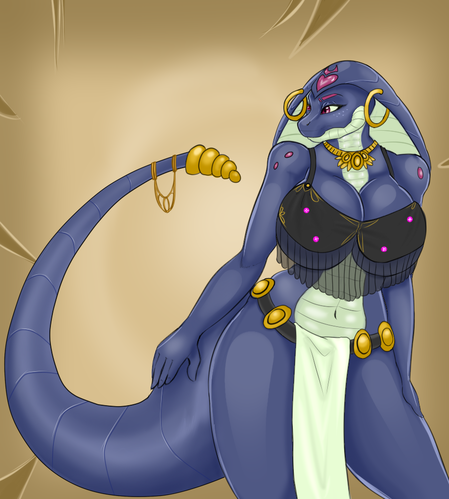 anthro belt big_breasts big_thighs blackbetty breasts cleavage clothed clothing female hi_res invalid_color jewlery piercing reptile scalie snake solo