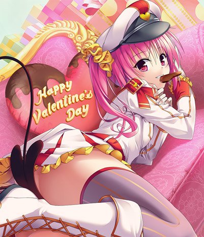 1girl artist_request boots chocolate hat heart looking_at_viewer lowres lying nana_asta_deviluke pink_eyes pink_hair skirt solo striped striped_legwear tail thighhighs to_love-ru to_love-ru_darkness tomboy twintails uniform valentine vertical-striped_legwear vertical_stripes
