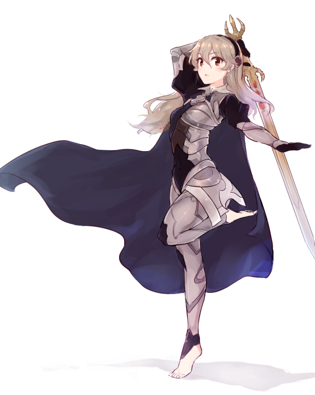 1girl arm_up armor barefoot black_gloves black_hairband cape female_my_unit_(fire_emblem_if) fire_emblem fire_emblem_if full_body gloves hairband holding holding_sword holding_weapon leg_up long_hair miyazakit my_unit_(fire_emblem_if) nintendo parted_lips red_eyes simple_background solo sword weapon white_background white_hair
