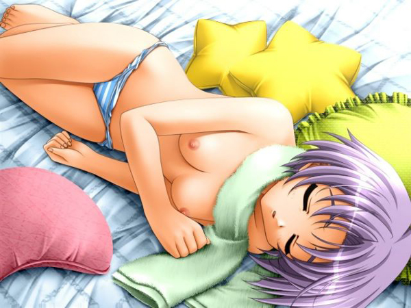 artist_request bed copyright_request nipples panties purple_hair solo striped striped_panties topless underwear