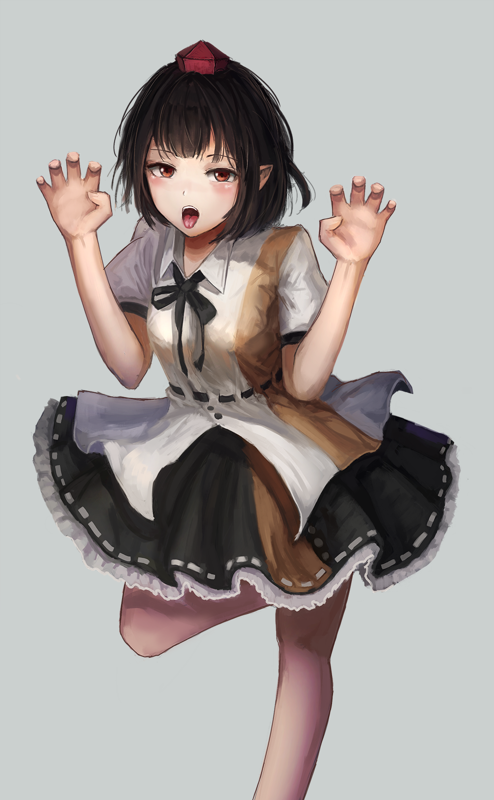 1girl :o bare_arms bare_legs belt black_hair black_neckwear black_skirt breasts claw_pose collared_shirt feet_out_of_frame fjsmu frilled_skirt frills grey_background hands_up hat highres leg_up looking_at_viewer neck_ribbon open_mouth pointy_ears red_eyes red_hat ribbon shameimaru_aya shirt short_hair short_sleeves sidelocks simple_background skirt solo standing standing_on_one_leg tokin_hat tongue tongue_out touhou white_shirt