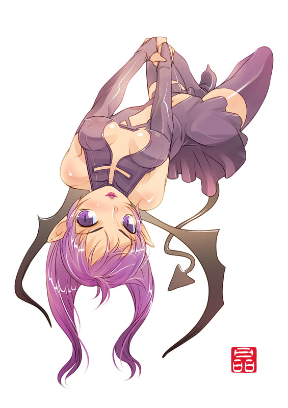 breasts cleavage demon_girl elbow_gloves gloves large_breasts miniskirt nipples original pointy_ears purple_eyes purple_hair shiny shiny_clothes skirt slit_pupils solo sonobe_kazuaki tail thighhighs twintails upside-down