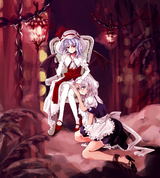 apron ascot bangs bare_legs bat_wings blue_eyes blue_hair blush bow chain curiosities_of_lotus_asia frills full_body hand_on_another's_head hand_on_another's_leg hat high_heels izayoi_sakuya lantern maid maid_apron maid_headdress mary_janes multiple_girls pantyhose puffy_short_sleeves puffy_sleeves red_eyes red_footwear remilia_scarlet ringo_apple sconce shoes short_hair short_sleeves silver_hair sitting throne touhou waist_apron white_legwear wings yuri