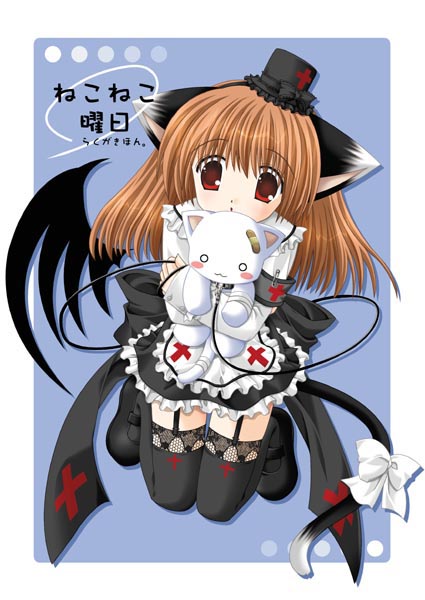 animal_ears apron armband bandages bandaid black_legwear blue_background bow brown_hair cat cat_ears copyright_request cross hat lace lace-trimmed_thighhighs long_hair mary_janes mini_hat mini_top_hat nekoneko nurse red_cross red_eyes safety_pin shoes solo stuffed_animal stuffed_cat stuffed_toy tail tail_bow thighhighs top_hat wings