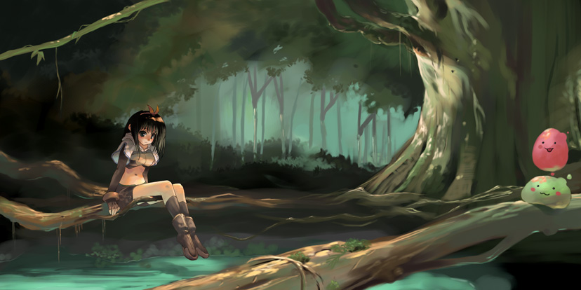 bare_legs black_hair forest hairband looking_at_viewer midriff morii_shizuki nature navel outdoors peaceful plant pond poporing poring ragnarok_online scenery short_hair simple_background sitting solo stomach swamp tree water