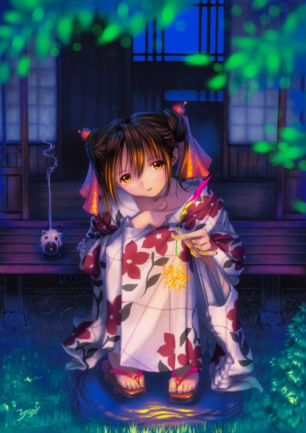 copyright_request double_bun fireworks japanese_clothes kimono kobayashi_yuuji mosquito_coil night senkou_hanabi sitting solo sparkler yukata