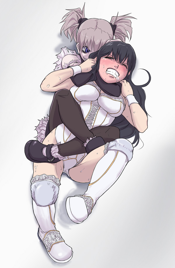 &gt;_&lt; :d asphyxiation black_hair blue_eyes boots breasts bustier character_request choke_hold clenched_teeth closed_eyes copyright_request crazy_eyes d: dominated domination dx elbow_gloves foaming_at_the_mouth gloves knee_pads lace large_breasts leg_lift leg_lock leotard lingerie lips long_hair lying mary_janes multiple_girls on_back open_mouth pantyhose papa rear_naked_choke ryona saliva shoes short_hair silver_hair smile source_request strangling submission_hold sweat teeth torture twintails underwear v-shaped_eyebrows wrestling