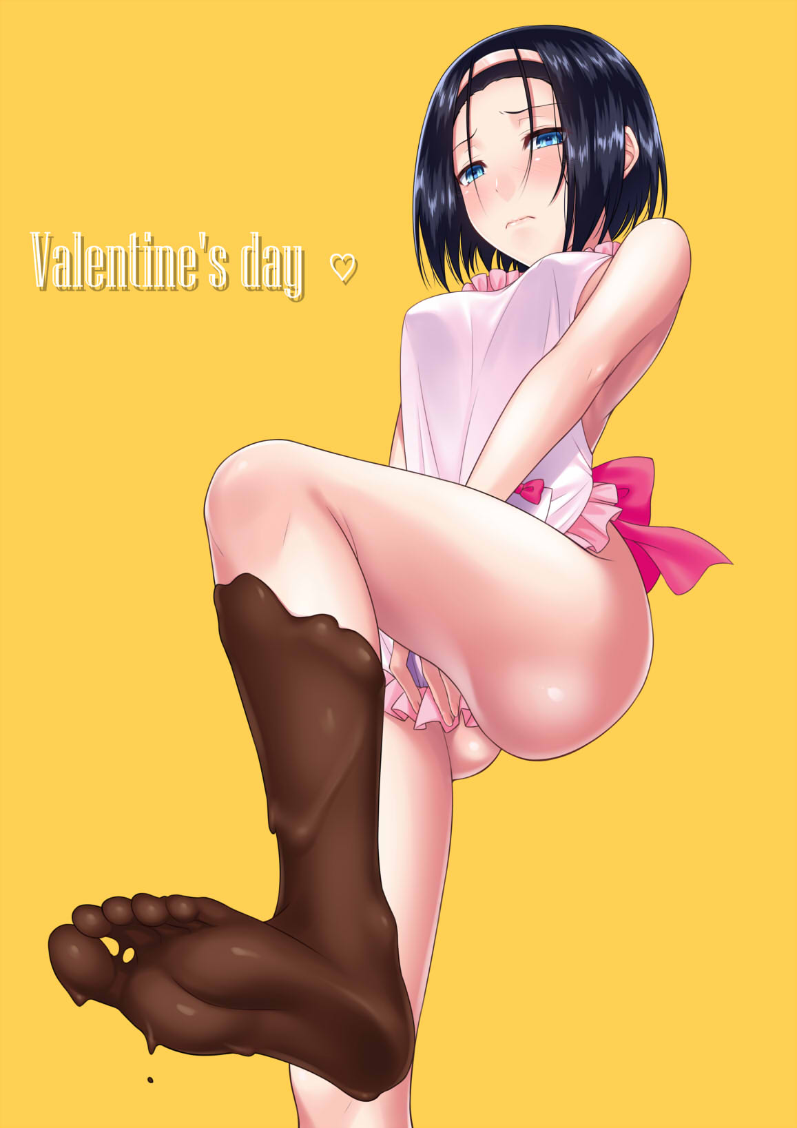 apron ass bare_arms bare_shoulders barefoot blue_eyes blue_hair blush breasts chocolate_on_foot closed_mouth covering covering_crotch dripping embarrassed feet from_below frown heart highres leg_up looking_at_viewer looking_down medium_breasts naked_apron nose_blush original short_hair simple_background soles standing standing_on_one_leg tawagoto_dukai_no_deshi toes valentine wavy_mouth white_apron yellow_background