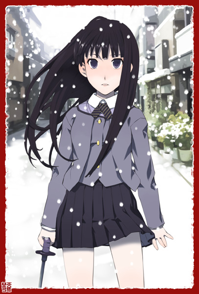 black_hair blue_eyes border copyright_request long_hair red_border school_uniform skirt snow snowing solo sword takano_kou weapon