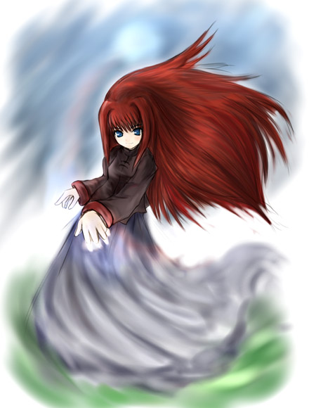 aozaki_aoko artist_request bangs black_shirt blue_eyes blunt_bangs full_body long_hair long_skirt long_sleeves looking_at_viewer red_hair shirt skirt solo standing tsukihime very_long_hair white_skirt wind