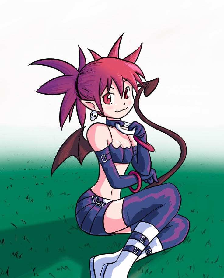 artist_request black_gloves black_legwear boots bracelet breasts choker cleavage disgaea elbow_gloves etna feet_out_of_frame gloves head_tilt jewelry knee_boots looking_at_viewer makai_senki_disgaea navel pointy_ears red_eyes red_hair simple_background sitting small_breasts solo stomach thighhighs white_background white_footwear yokozuwari