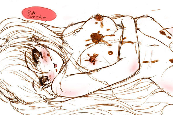 blush breasts chocolate chocolate_heart copyright_request heart long_hair lying monochrome naked_chocolate navel nude on_back sketch small_breasts solo speech_bubble spoken_heart spot_color tenka_taihei translation_request valentine