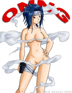 1girl genderswap kim_samson lowres naruto nude resized simple_background smoke solo uchiha_sasuke