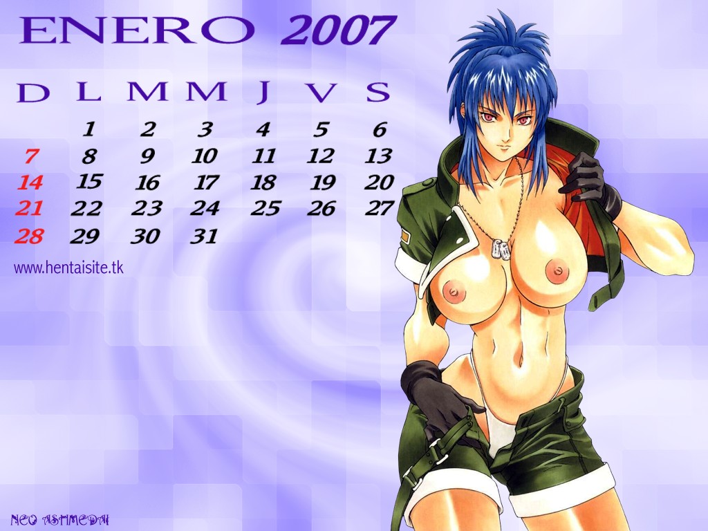2007 blue_hair breasts calendar_(medium) cropped_jacket dog_tags gloves high_collar highleg highleg_panties jacket january jewelry large_breasts leona_heidern long_hair military momoi_nanabei navel necklace nipples no_bra open_clothes open_jacket panties ponytail red_eyes shirt shorts sidelocks snk solo spanish standing the_king_of_fighters toned underwear undressing wallpaper white_panties