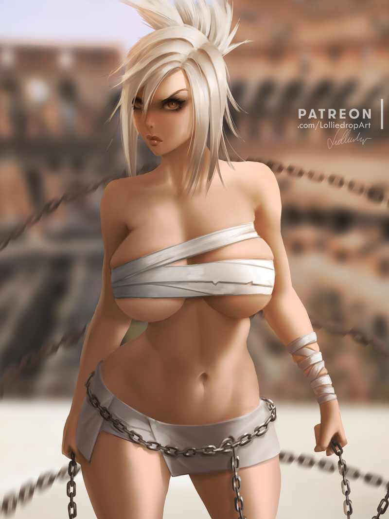 1girl bandage bandaged_arm bandages bangs bare_shoulders blonde_hair blurry blurry_background breasts brown_eyes chains closed_mouth hair_between_eyes holding_chain large_breasts league_of_legends lolliedrop looking_at_viewer microskirt navel pinup riven_(league_of_legends) sarashi skirt standing stomach thighs