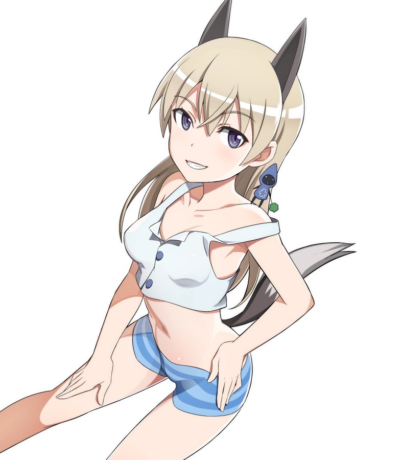 1girl animal_ears bare_shoulders blue_eyes blush breasts collarbone eila_ilmatar_juutilainen eyebrows eyebrows_visible_through_hair fox_ears fox_tail grin groin hand_on_hip hand_on_thigh looking_at_viewer medium_breasts medium_hair nanashino navel parted_lips shiny shiny_hair shorts simple_background smile solo strike_witches striped striped_shorts tail white_background white_hair world_witches_series