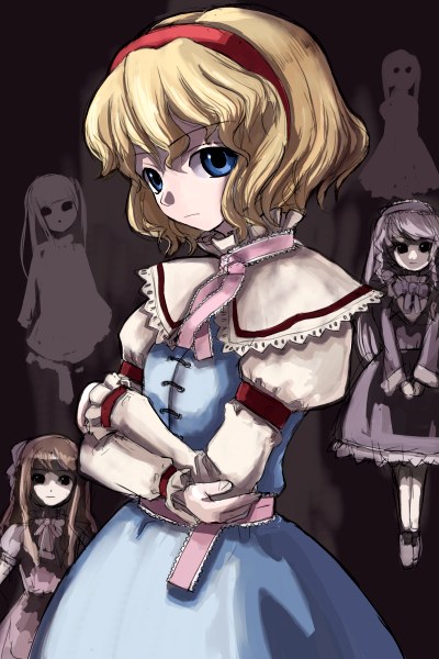 alice_margatroid arm_garter bad_id blonde_hair blue_eyes capelet crossed_arms doll hirosato looking_at_viewer ribbon short_hair silhouette solo touhou white_capelet