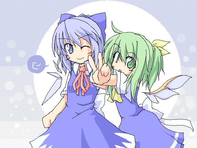 ahoge ascot bangs blue_bow blue_dress blue_eyes blue_hair blush_stickers bow child cirno daiyousei detached_wings dress eyebrows_visible_through_hair friends green_eyes green_hair hair_bow hair_ribbon md5_mismatch multiple_girls neck_ribbon oekaki one_eye_closed open_mouth ponytail puffy_short_sleeves puffy_sleeves red_ribbon ribbon short_hair short_sleeves smile touhou v wings yellow_neckwear yellow_ribbon yuuhi_alpha