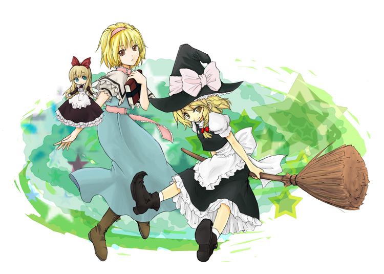 alice_margatroid ankle_boots apron blonde_hair book boots braid broom broom_riding capelet flying full_body hat kirisame_marisa multiple_girls pointy_shoes shanghai_doll shikai_(iesiki_56) shoes side_braid star touhou witch_hat