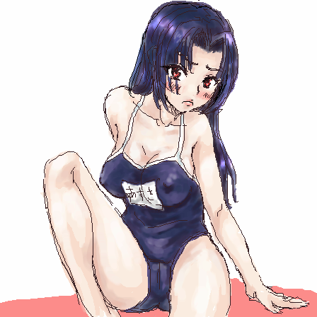 blue_hair breasts covered_nipples idolmaster idolmaster_(classic) idolmaster_1 large_breasts long_hair lowres miura_azusa name_tag one-piece_swimsuit osakana_(denpa_yun'yun) school_swimsuit sketch solo swimsuit