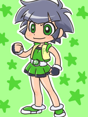 androgynous artist_request bare_shoulders belt black_gloves buckle closed_mouth dress fingerless_gloves full_body gloves green_background green_dress green_eyes looking_at_viewer lowres matsubara_kaoru powered_buttercup powerpuff_girls_z shoes short_hair simple_background sleeveless sleeveless_dress smirk solo spiked_hair standing vest