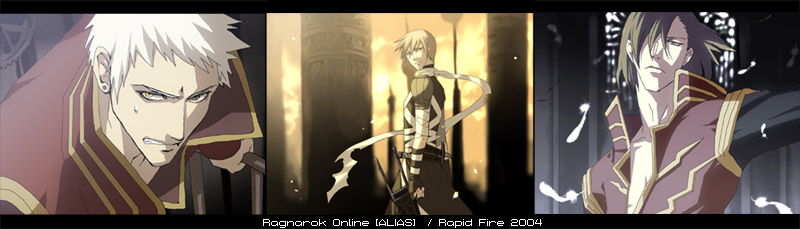 anime_coloring artist_request assassin_(ragnarok_online) cowboy_shot long_sleeves looking_at_viewer male_focus multiple_boys outdoors outstretched_arm pillar priest_(ragnarok_online) ragnarok_online silver_hair standing upper_body