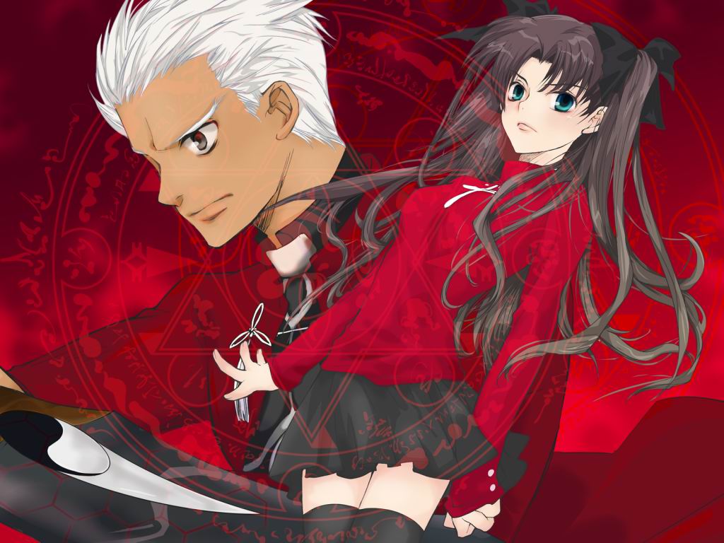 1girl archer artist_request blue_eyes brown_hair closed_mouth cowboy_shot dark_skin dark_skinned_male dutch_angle expressionless fate/stay_night fate_(series) long_sleeves looking_at_viewer miniskirt pleated_skirt silver_hair skirt standing sweater thighhighs toosaka_rin turtleneck twintails uniform upper_body zettai_ryouiki